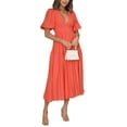 thumbnail image 2 of Cenuakty Women's Summer Casual Midi Dress Solid Color Short Sleeve V Neck Pleated Dresses, 2 of 8