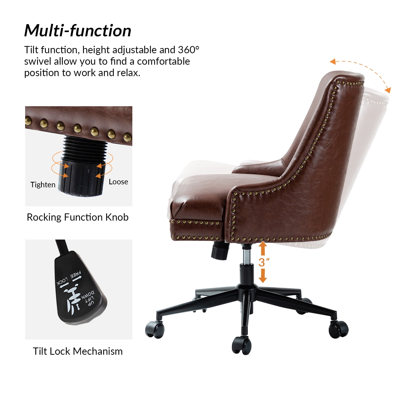 Vegan Leather Task Chair Swivel Home Office Chair Height Adjustable Mid-back Upholstered Nailhead Trim Bedroom Brown