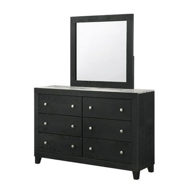 57 in. Wide Dresser with Mirror & 6 Drawers, Round Handles, Black Wood