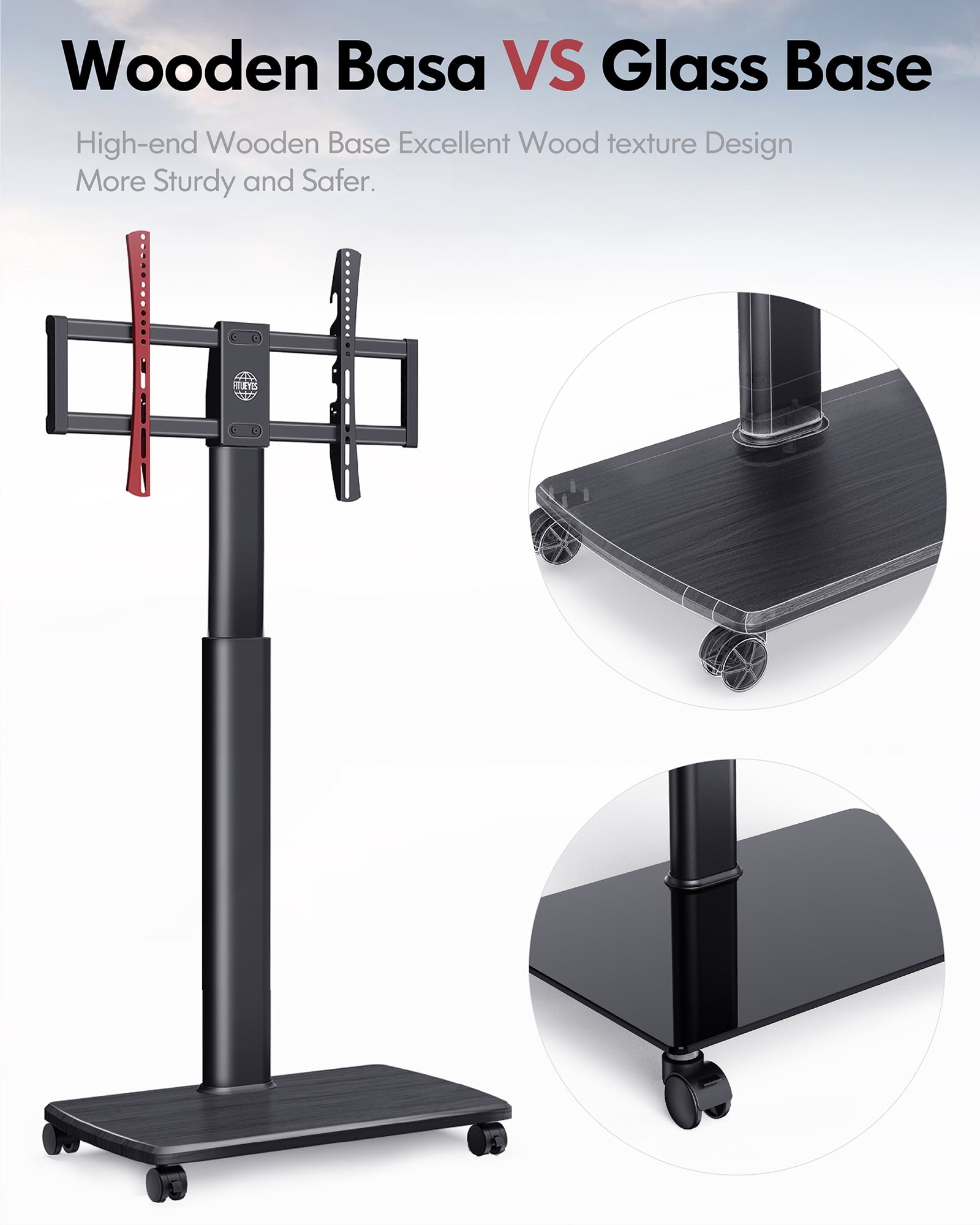 FITUEYES TV Stand with Wheels and Wooden Base for TVs up to 65", Black