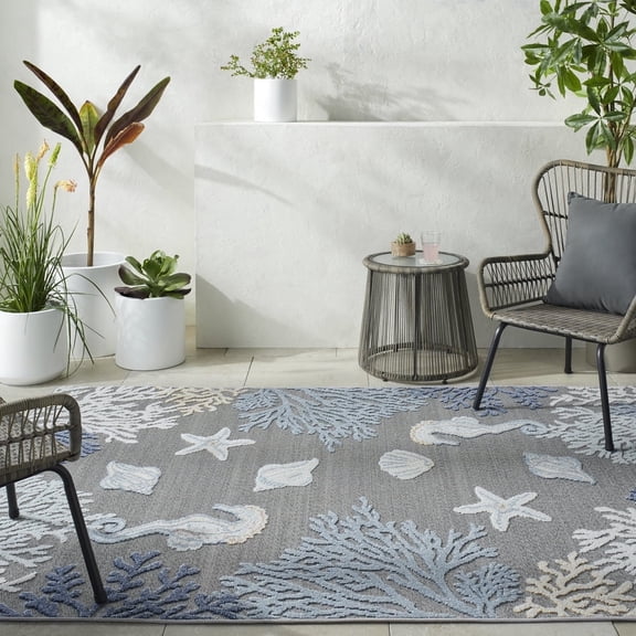 Livabliss Outdoor Rugs, 7x9 Lakeside Coastal Gray Area Rug for Patio, Porch, Deck, Backyard, Waterproof Indoor Outdoor Carpet (6'7" x 9')