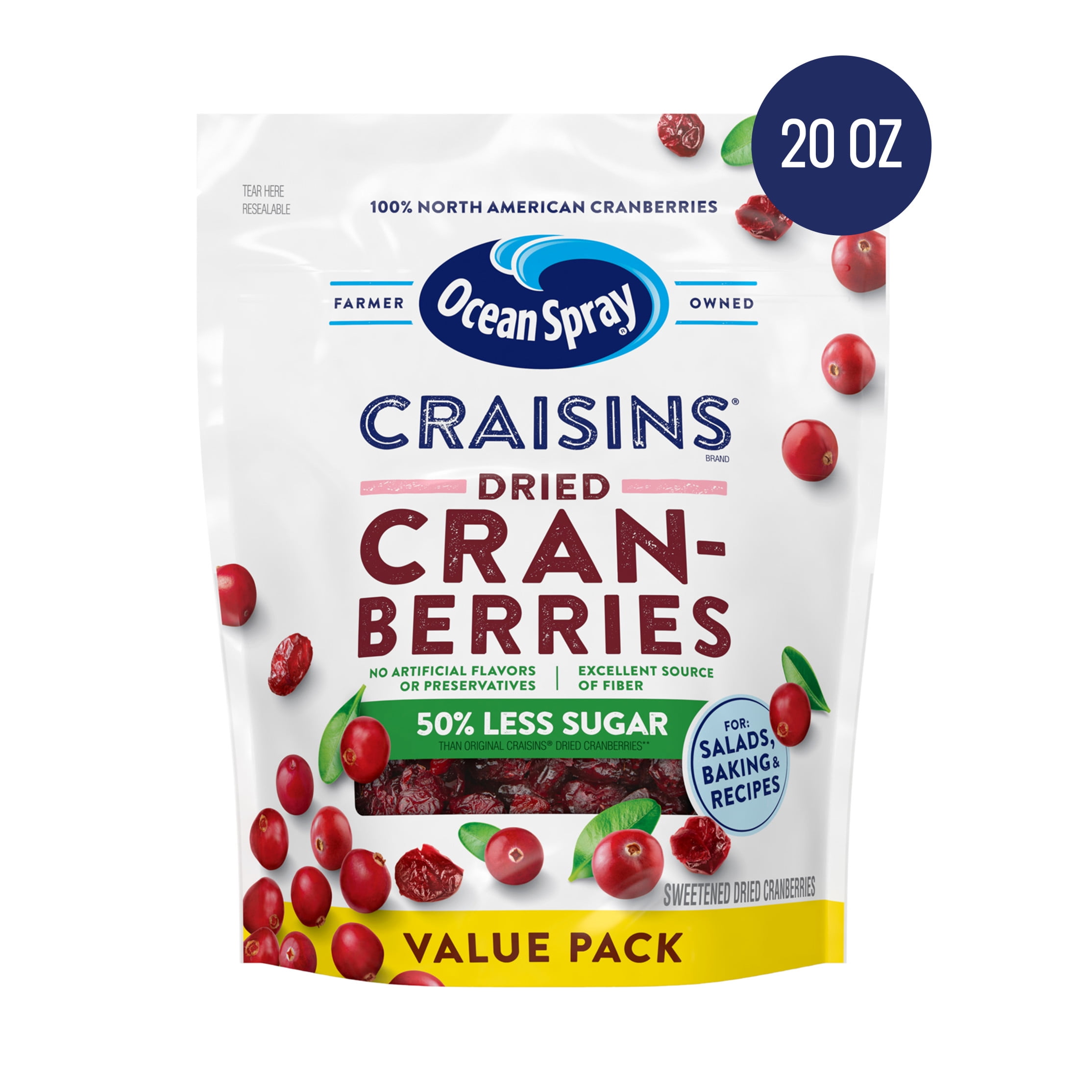 Ocean Spray Craisins, 50% Less Sugar Dried Cranberries, Dried Fruit, 20 oz Pouch