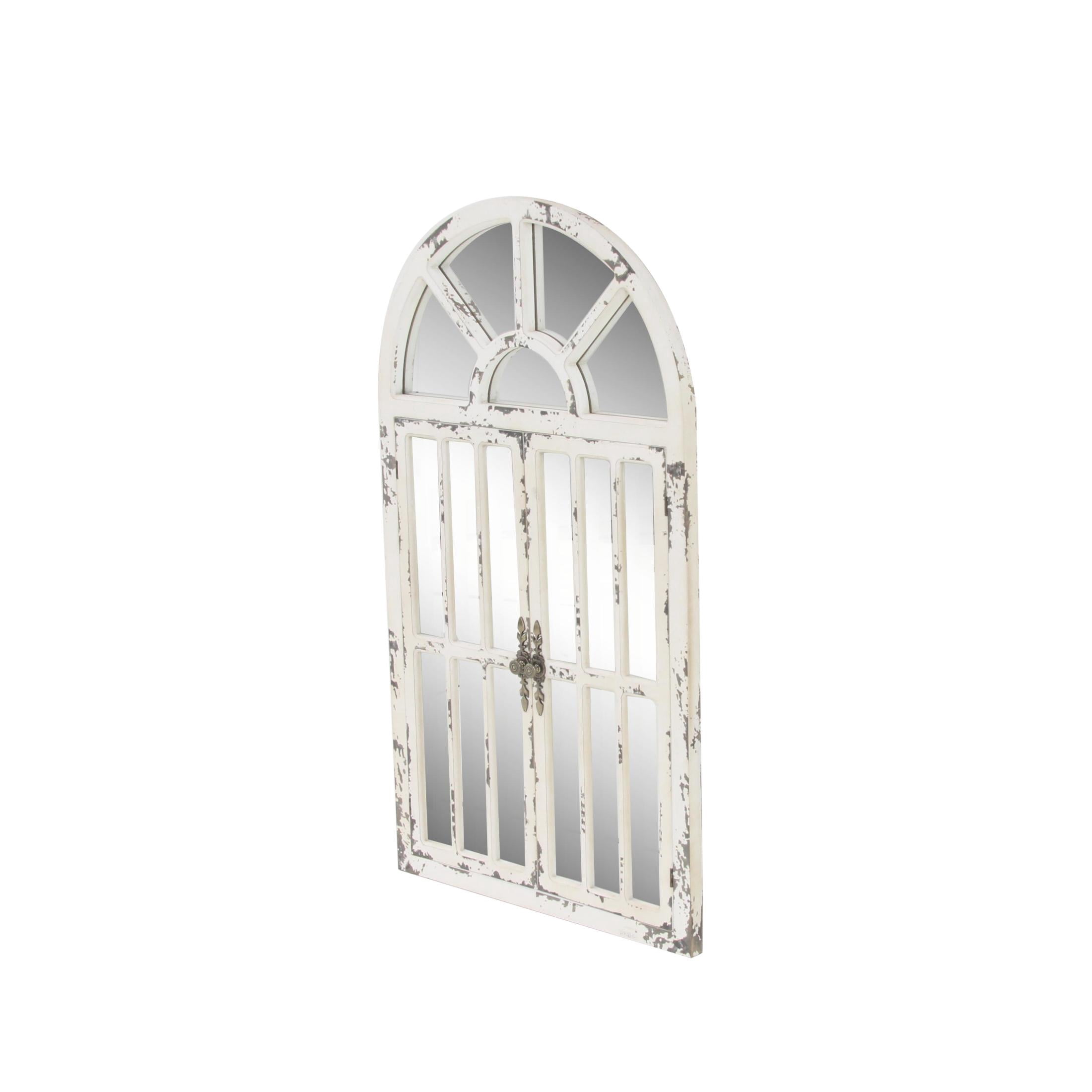 DecMode 26" x 46" White Window Pane Inspired 2 Door Wall Mirror with Arched Top and Distressing