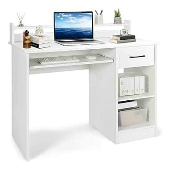 Computer Desk with Hutch & Keyboard Tray, Home Office Workstation with Drawer, Adjustable Shelves, Modern Vanity Table for Bedroom, Wooden Writing Study Laptop PC Desk (White)