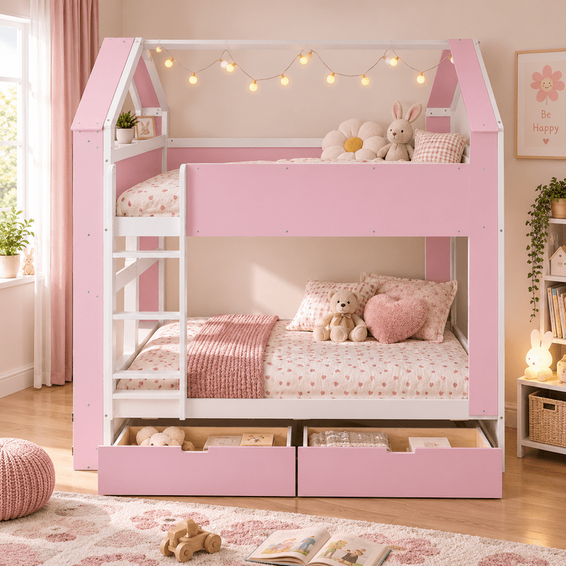 Full Over Full Bunk Bed with Storage Drawers and Shelves, Modern Two-Tone Wood Bunk Bed with LED Light Strip, Safety Guardrails and Ladder, Space-Saving Bed Frame for Kids, Teens