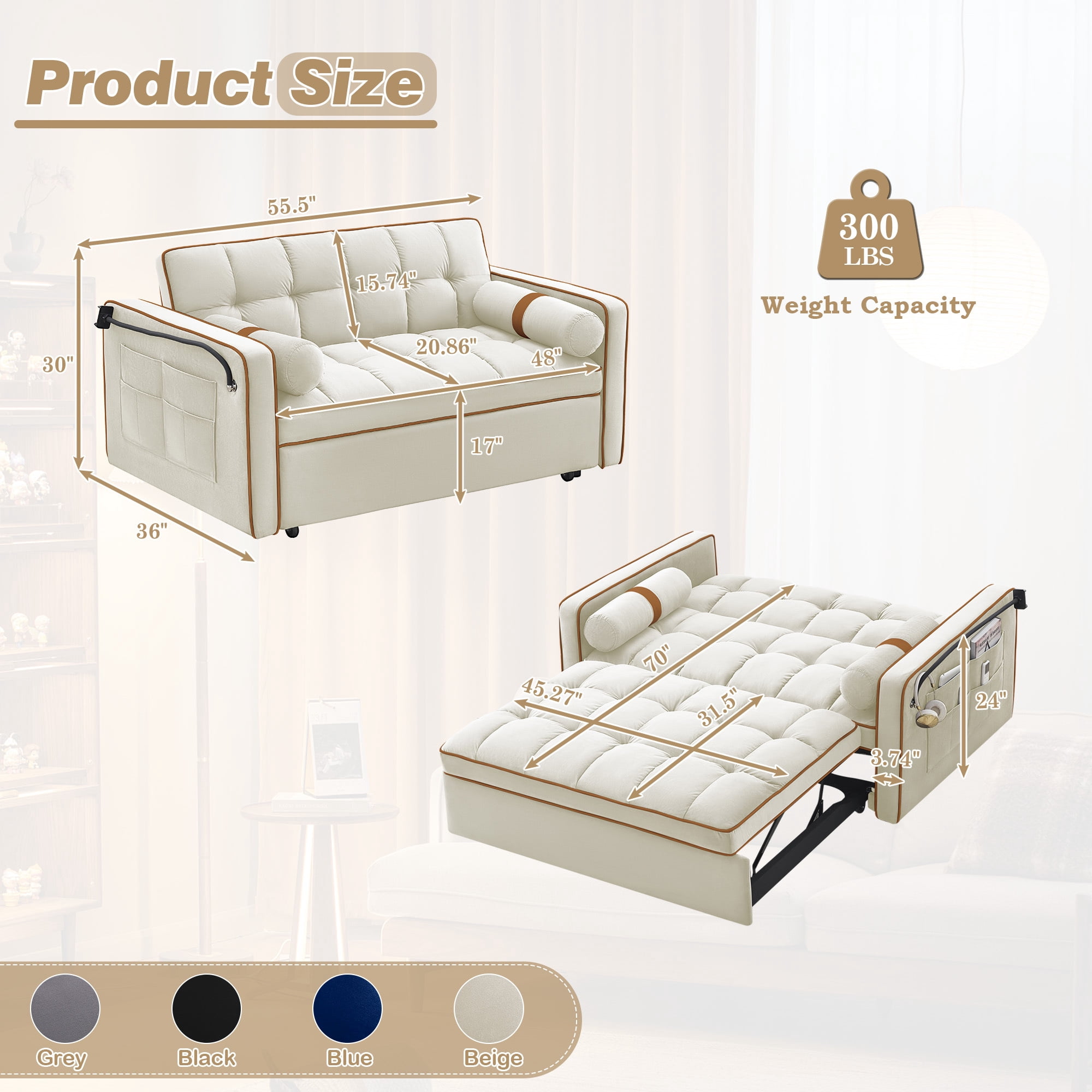 Lunale Convertible Pull Out Sofa Bed with Phone Stand, Tufted Loveseat Sleeper Sofa Bed for Living Room, Beige Velvet