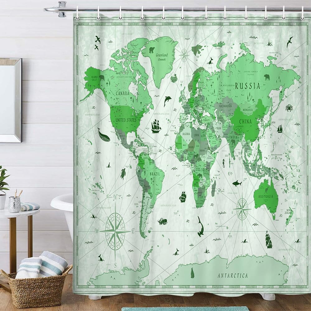 World Map Shower Curtain, Map of The World with National Educational Fabric Shower Curtains Set for Bathroom, Geography Educational Fabric Bathroom Shower Curtain with Hooks, 60X70IN（Green）
