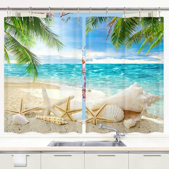 Beach Kitchen Curtains, Beach Starfish Kitchen Curtains, Tropical Beach Blue Sky Palm Tree Kitchen Curtains Summer Tropical Beach Kitchen Curtains Window Drape Treatment 2 Panels 21 x 45 Inch