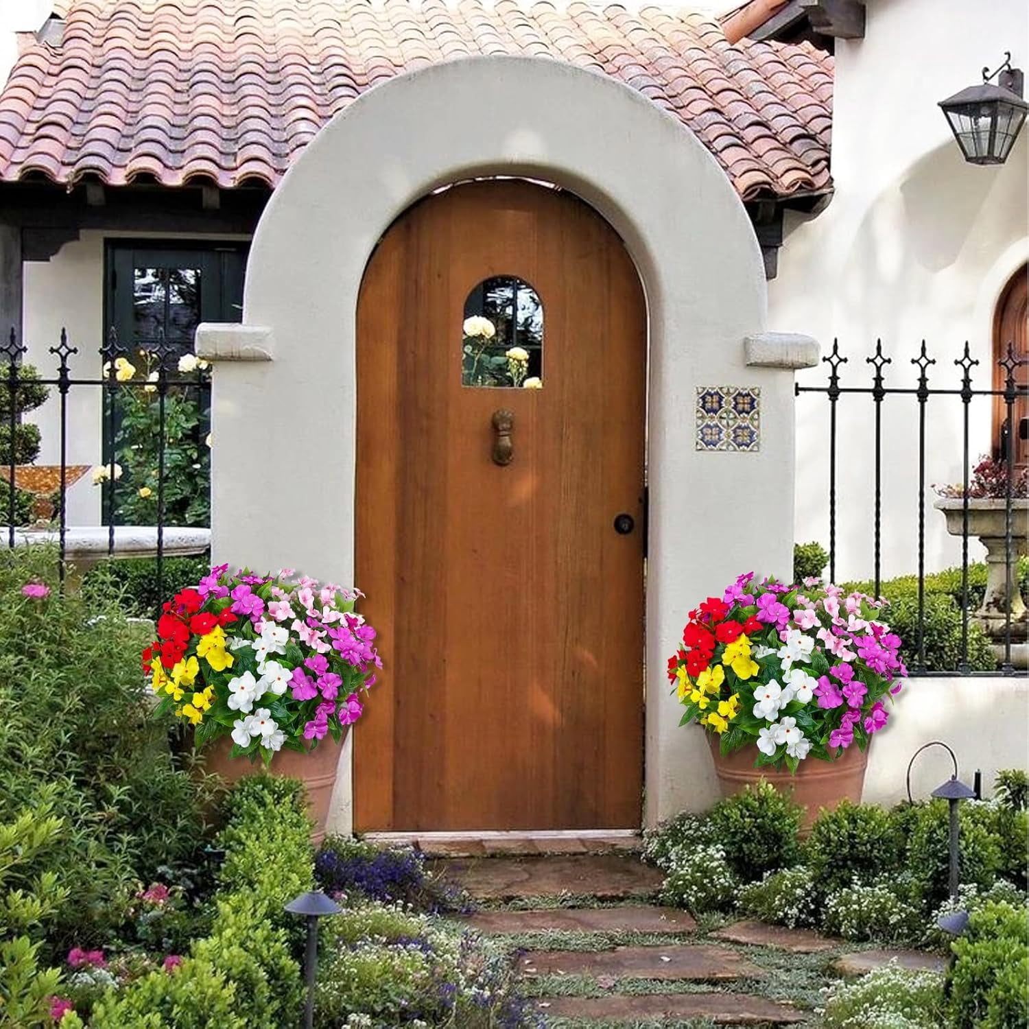 5PCS Artificial Impatiens Bouquet Flowers for Outdoors Silk Faux Flowers Fake Planters UV Resistant Summer Indoor Decor Garden Porch Patio Window Balcony (Mix Pink Red Purple Yellow White)