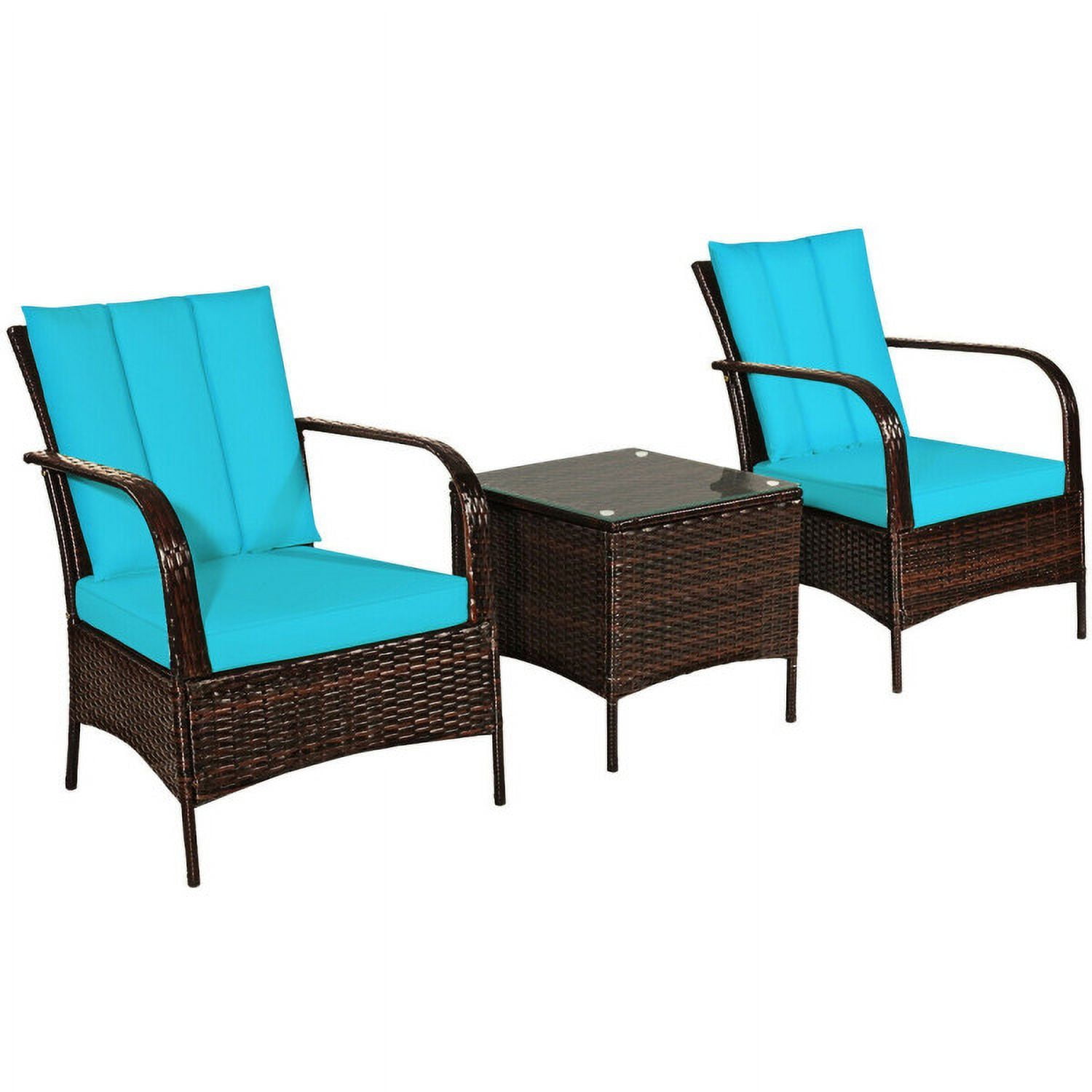 Aimee Lii 3 Pcs Patio Conversation Rattan Furniture Set, Small Patio Set with Glass Top Coffee Table and Cushions, Turquoise