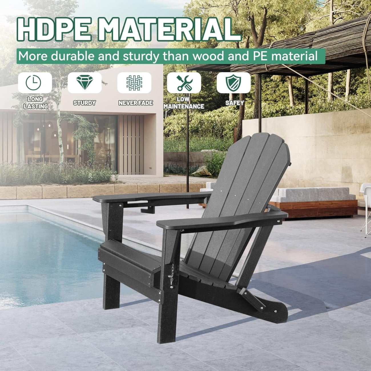 Folding Adirondack Chair, All-Weather HDPE Lawn Chair with Cup Holder, Comfortable Outdoor Patio Chair for Deck, Porch, Backyard, Garden, Grey