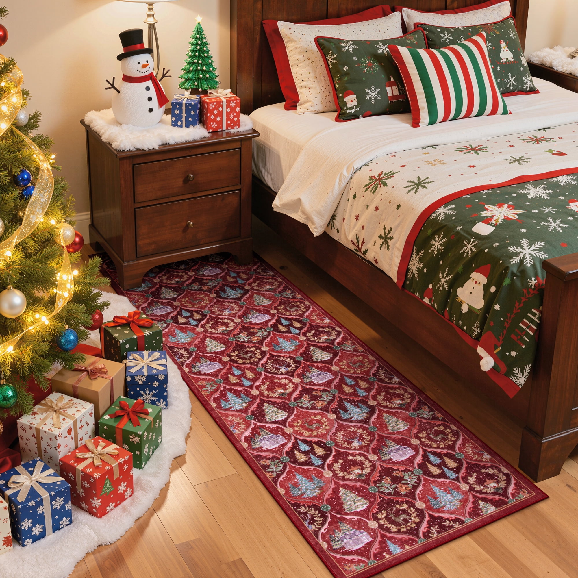 Moynesa Christmas 2'x6' Runner Rugs for Hallway, Washable Kitchen Rug Carpet Runner, Non-Slip Low Pile Soft Winter Moroccan Holiday Xmas Decor Modern Mat for Entrance Bedroom Laundry, Red
