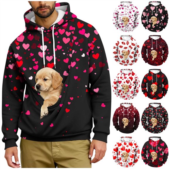 QATAINLAV Chandail à Capuchon avec Pochette pour Chien pour Hommes, Saint-Valentin, Poche Kangourou, Chandail à Capuchon Décontracté à Manches Longues, Haut à Enfiler, Violet, TTTG
