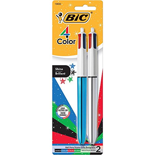 BIC 4Color Shine Ball Pen, Medium Point (1.0 mm), Metallic Barrel, Assorted Inks, 2Count 19693