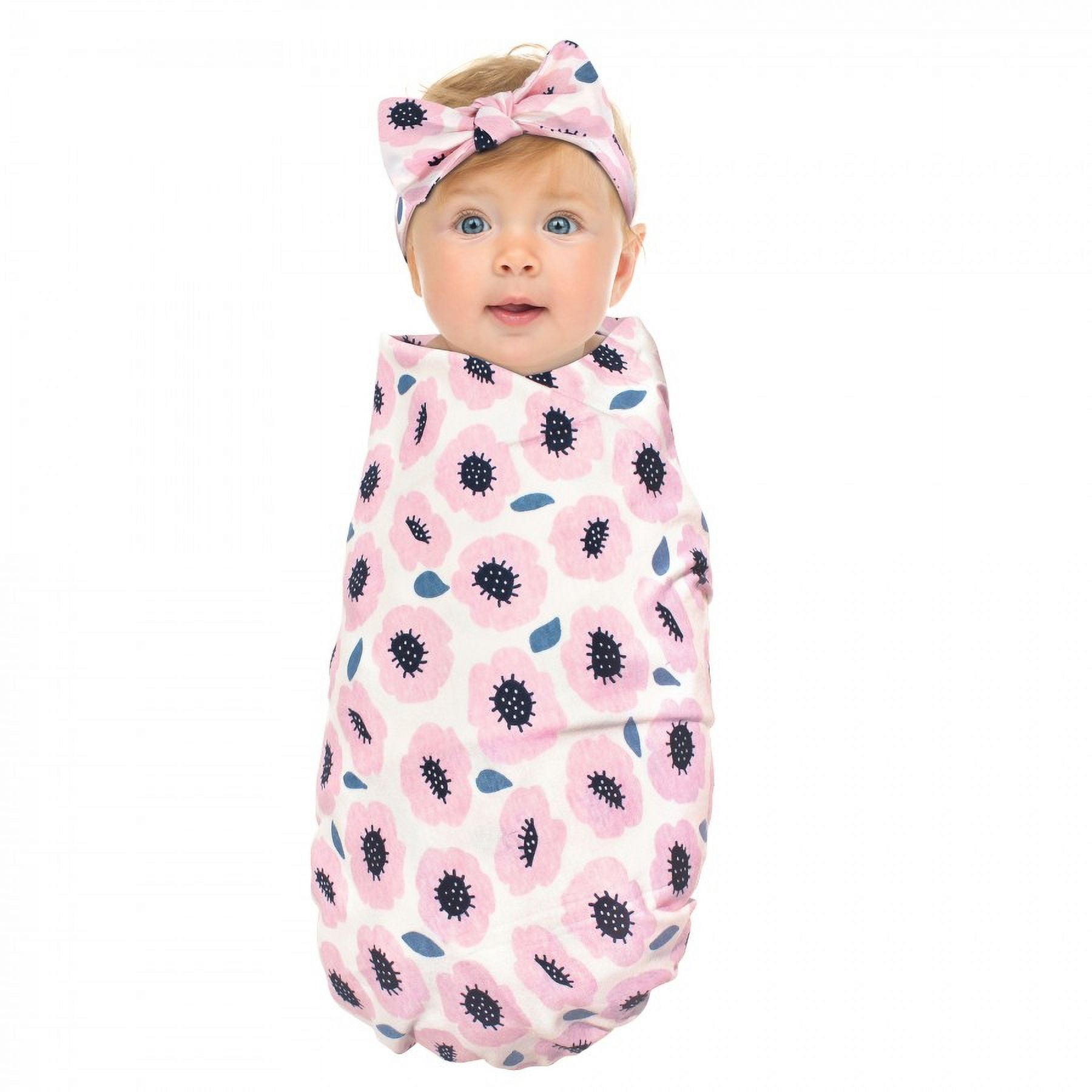 Touched by Nature Baby Girl Organic Cotton Swaddle Blanket and Headband or Cap, Blossoms, One Size