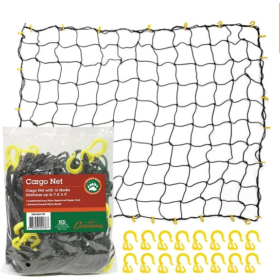 Grizzly Gear Large Bungee Cargo Net w 16 Durable Nylon Hooks -7" Mesh Stretches to 7.5' x 5' - All Purpose, Weatherproof Trailer Net -Compatible w All Truck Beds