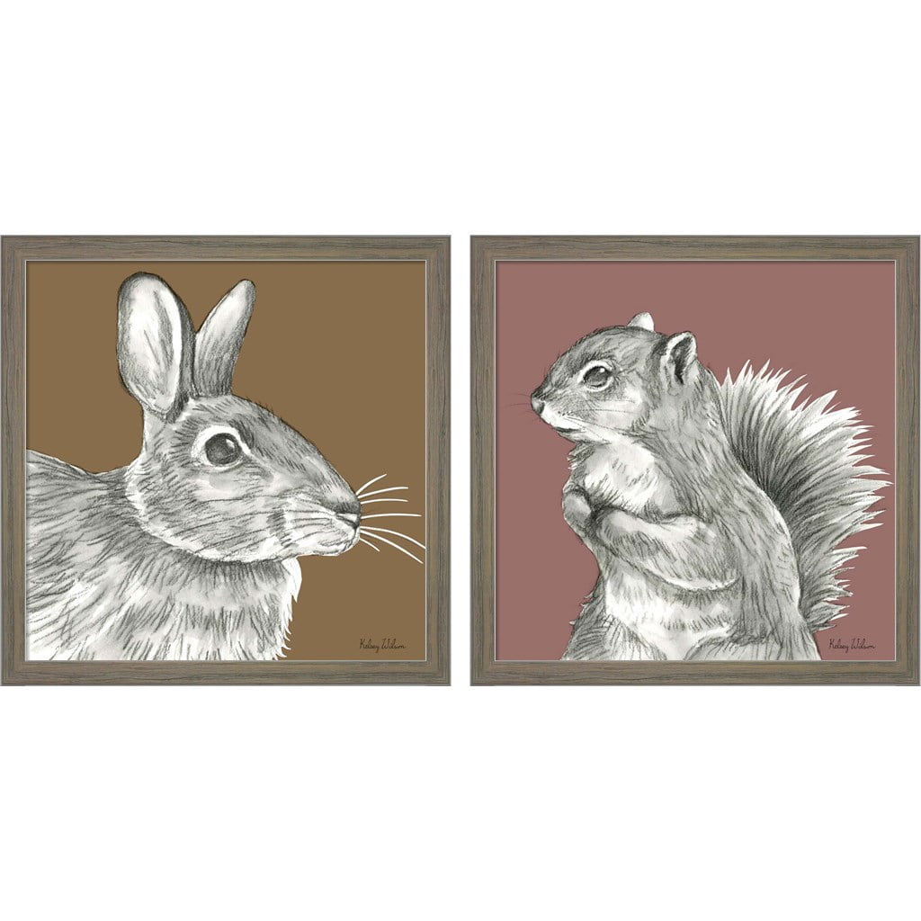 Distressed Grey Knotty Wood Framed Rabbit and Squirrel Art Set