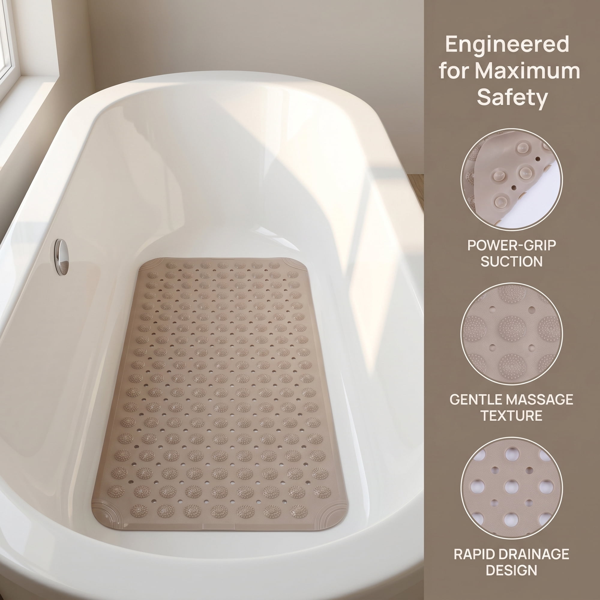 Unique Bargains Non Slip Quick Dry Machine Washable Bath Tub Mat Khaki 28" x 14"