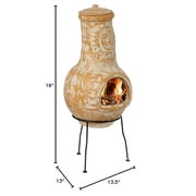 Outdoor Clay Chiminea Fireplace Sun Design Wood Burning Fire Pit with Sturdy Metal Stand, Barbecue, Cocktail Party, Cozy Nights Fire Pit (Beige)