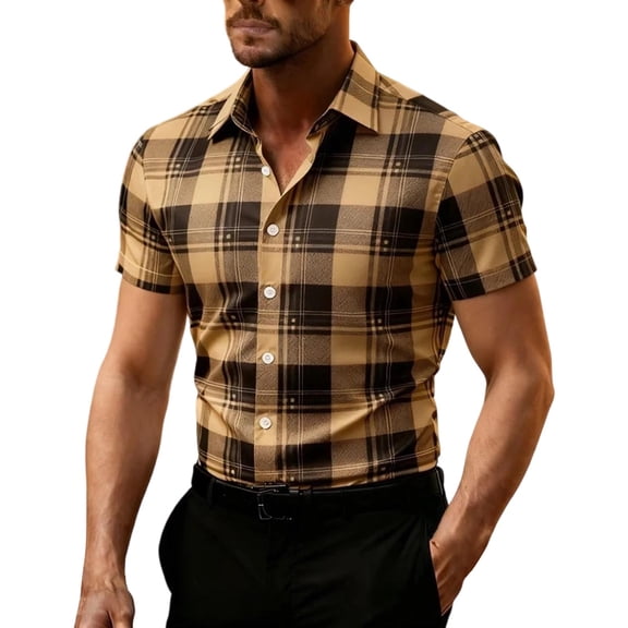 hlysgo Mens Plaid Button Down Shirts Short Sleeve Casual Summer Shirt Wrinkle Free Business Officewear Dress Shirts Khaki,XL