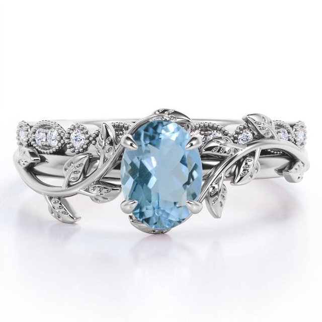 JeenMata Anillo de Novia con Diseño de Hojas Estilo Art Déco, con Filigrana Milgrain, Aguamarina Azul Creada con Corte de Huevo de 1,5 Quilates y Moissanita, Chapado en Oro Blanco de 18 K sobre Plata