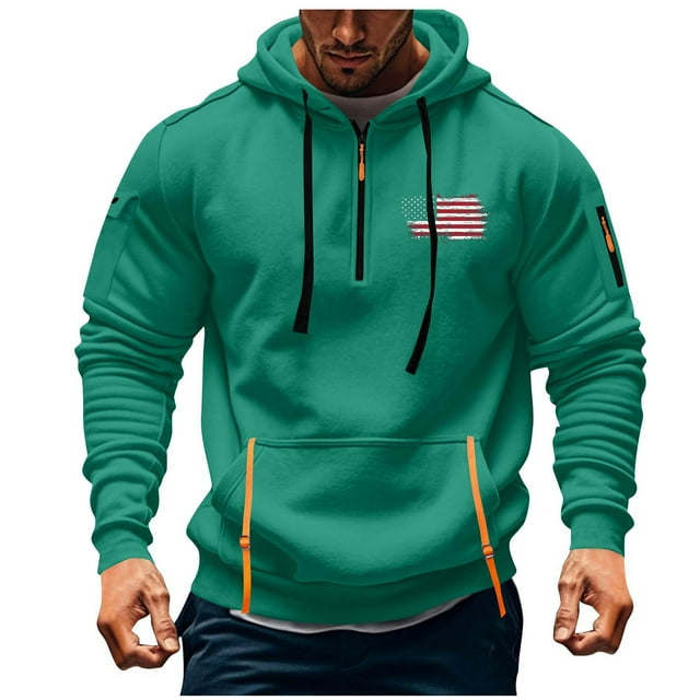 Sweat à Capuche pour Hommes, Sport Décontracté, avec Poche Imprimée et Demi-Fermeture Éclair