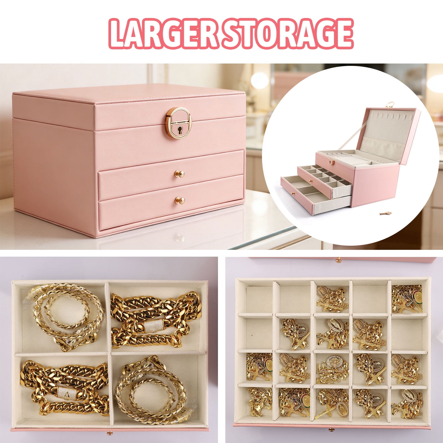 ASKITO 3 Layers Jewelry Box, Lockable Jewelry Holder Organizer with Drawer, Large Jewelry Boxes for Women Girls, Jewelry Holder for Necklace Earring Ring Bracelet Watch, Pink