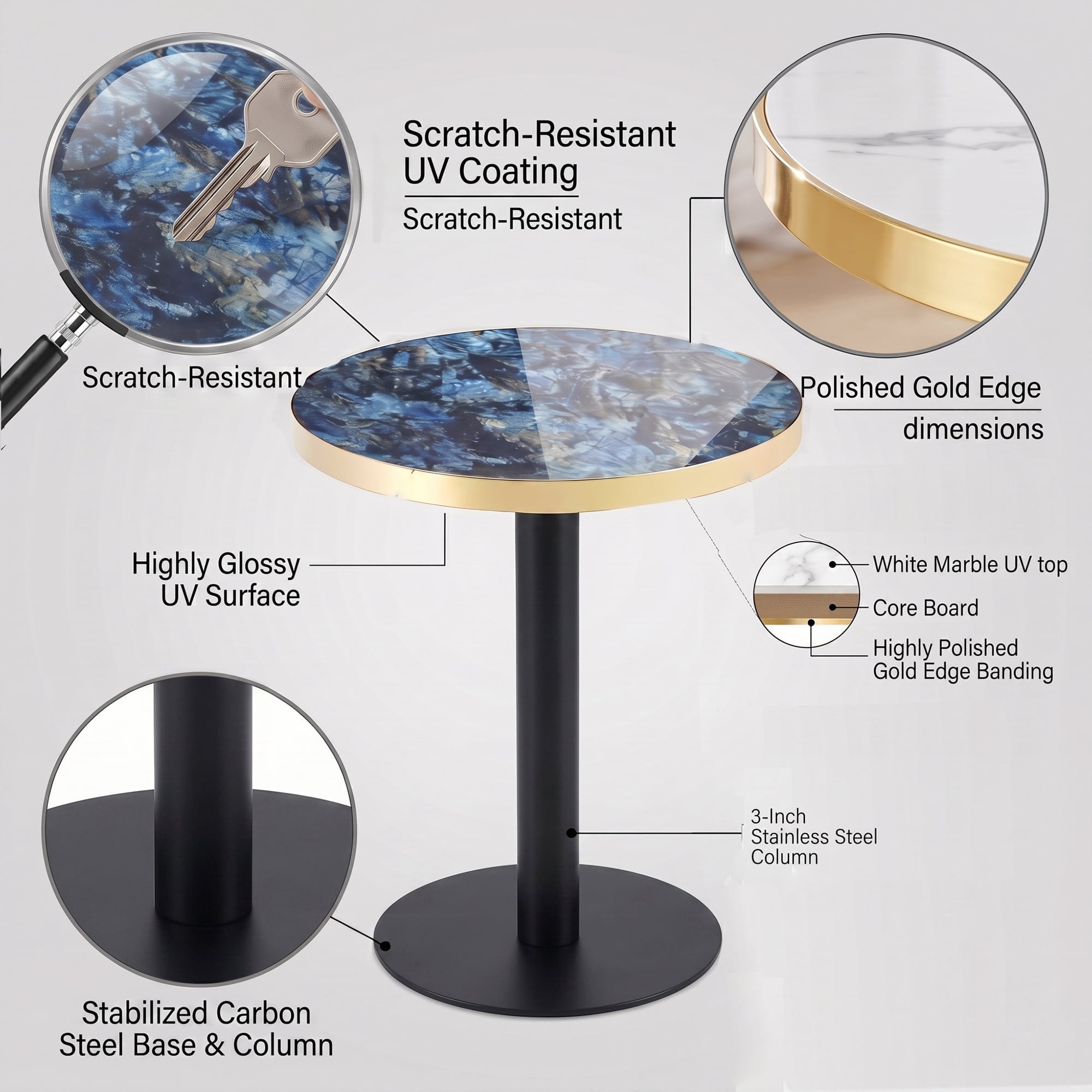 23.6" Round MDF sprayed with UV paint countertop, marble texture, stainless steel edging, metal table legs, modern light luxury edge/coffee table.