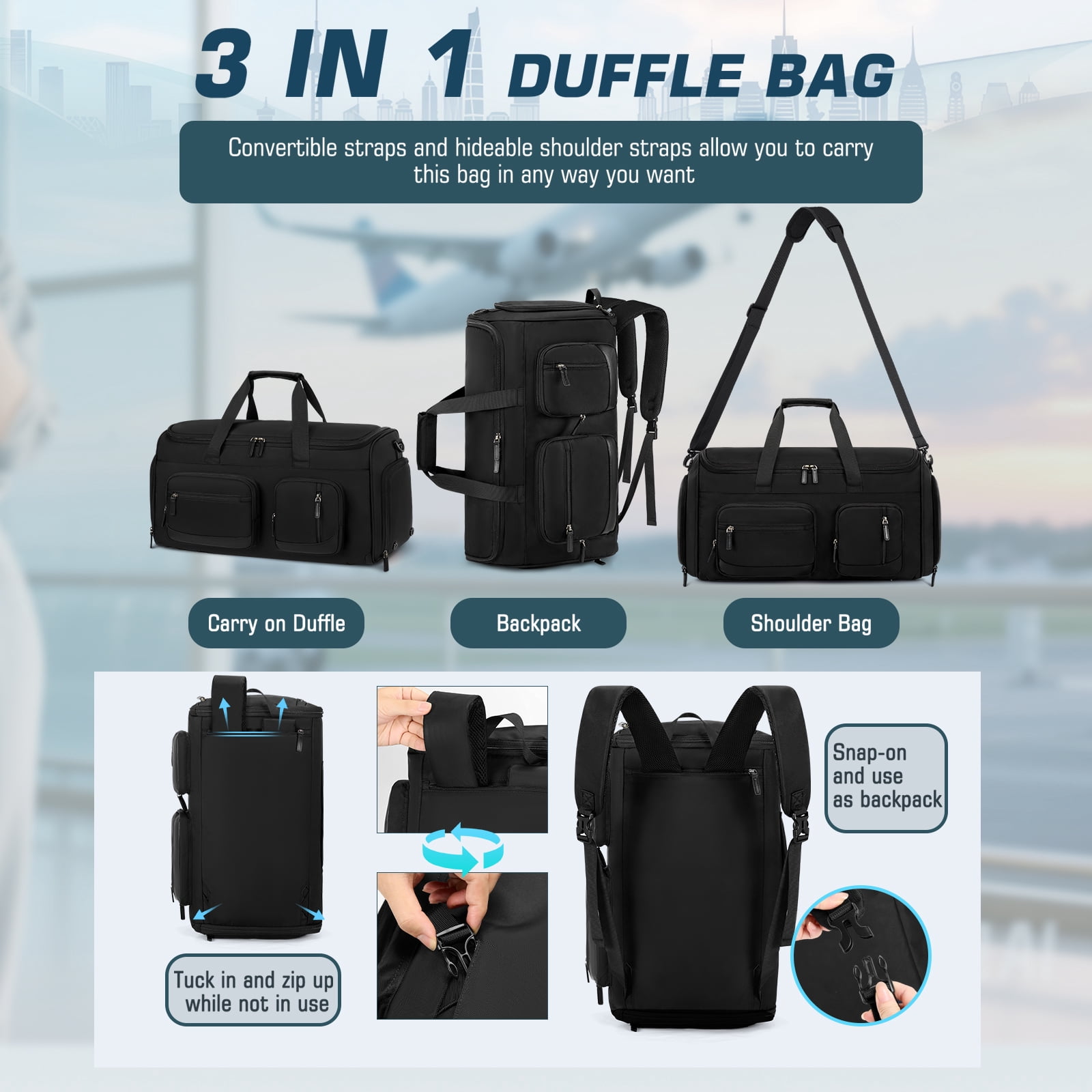 RAINSMORE Travel Garment Bag for Men, 3 in 1 Convertible Duffel Bag with Suit Hanger, Large Capacity Travel Carry on with Shoe Compartment Water Resistant Weekend Overnight Bag Business Trip, Black