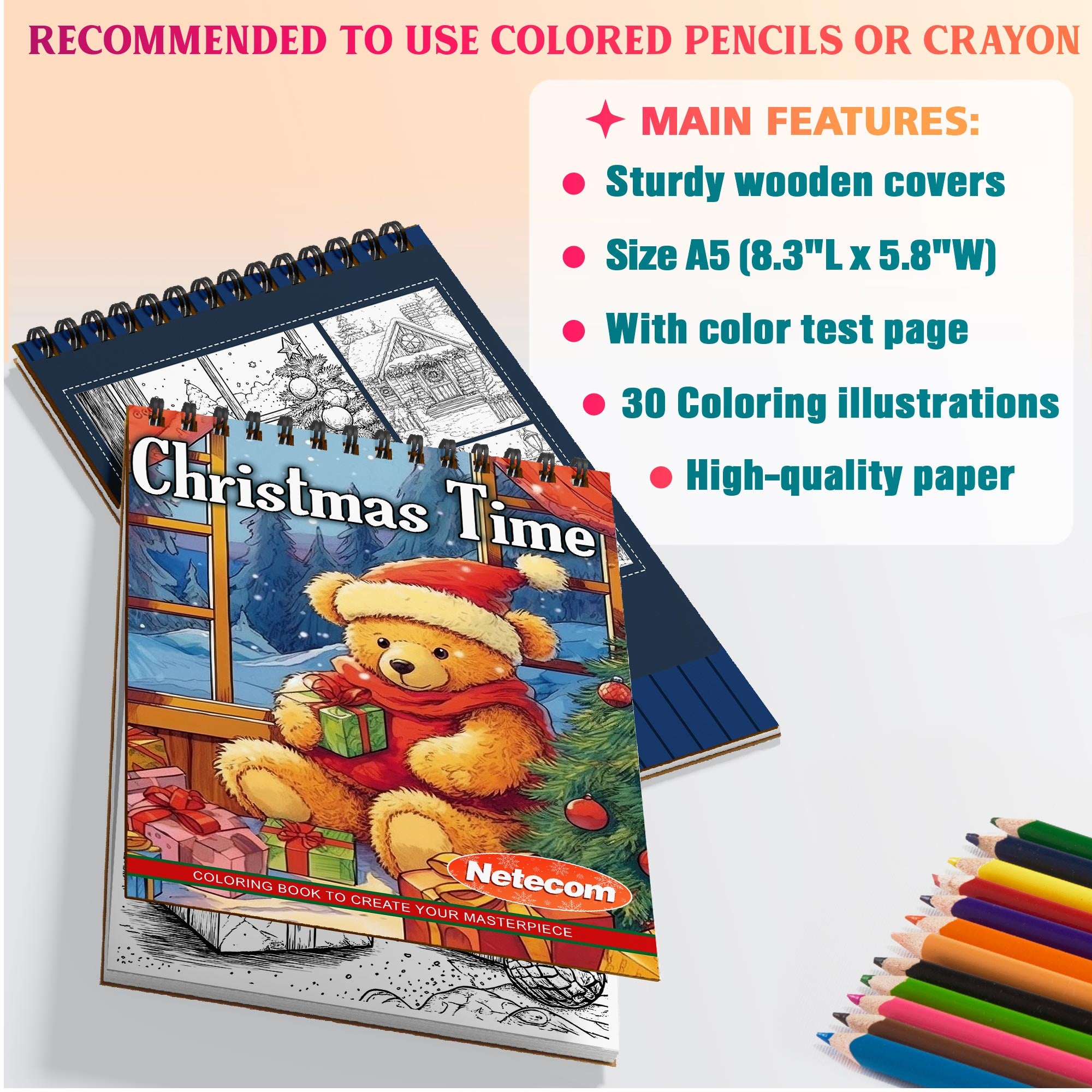 Netecom Christmas Time Coloring Book Spiral Bound For Adults, A5 Wooden Cover, 30 Magical Coloring Pages of Winter Festivities for Stress Relief and Relaxation