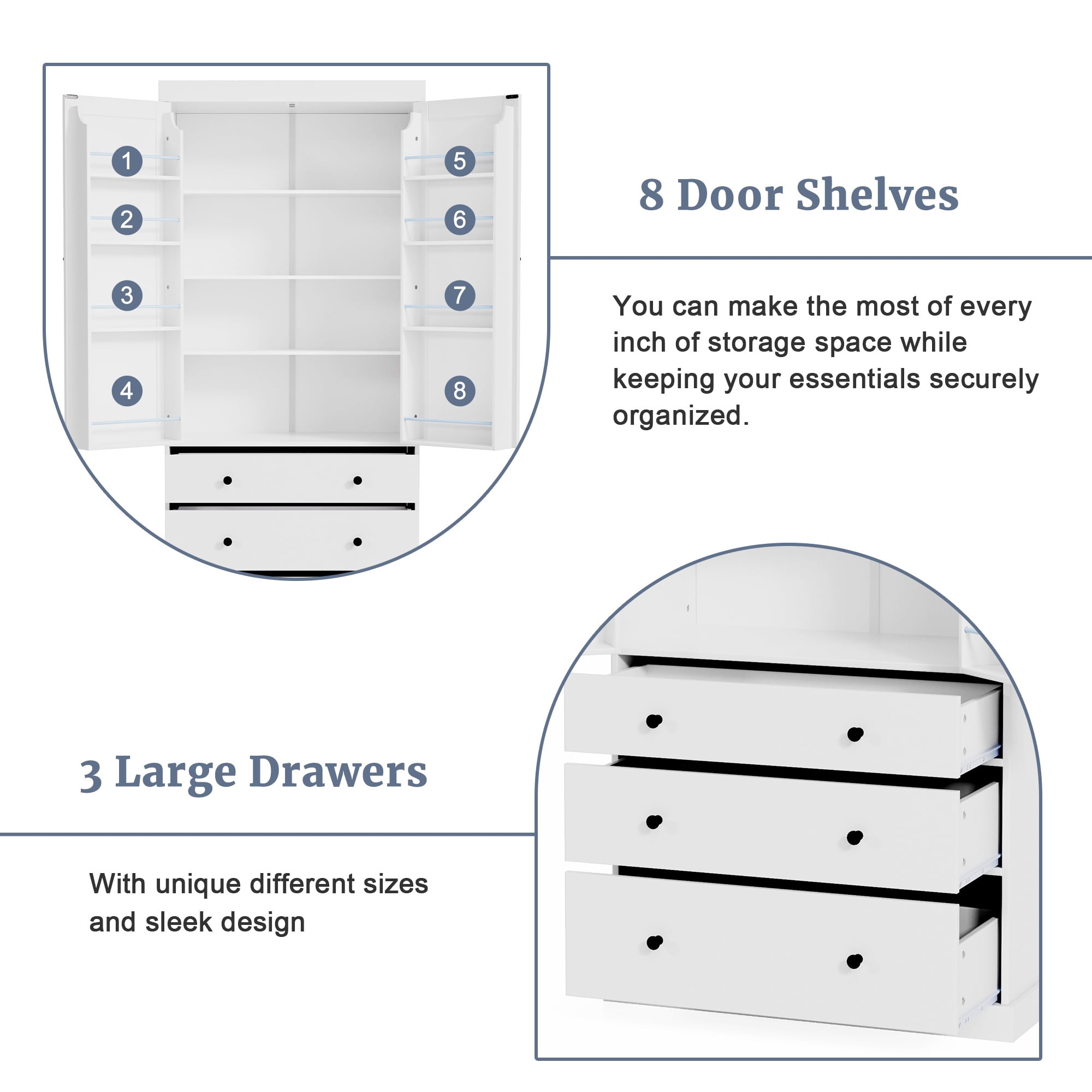 PAPROOS 77" Tall Kitchen Pantry Cabinet, Wood Pantry Storage Cabinet with 3 Drawers, 2 Doors, Farmhouse Cupboard Storage with 3 Adjustable Shelves, 8 Door Shelves for Dining Room, Craft Room, White