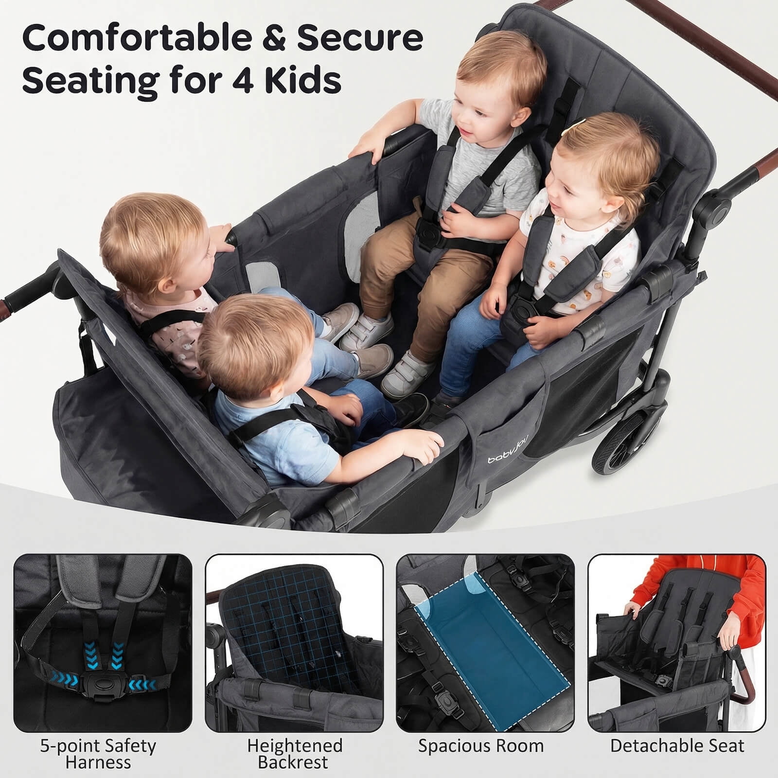 Costway Wagon Stroller, Foldable 4-Seater Push-Pull Toddler Stroller with Removable Canopy Gray