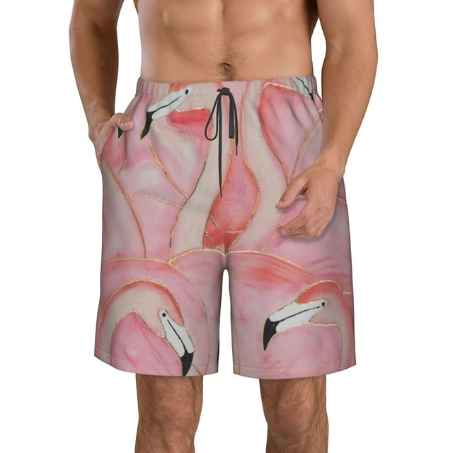 Saiise Flamingos Print Men's Swim Trunks Hawaiian Bathing Suit Swimsuits Beach Shorts with Pockets-X-Large
