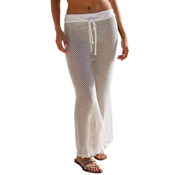 Fgnfyis Womens Skirts Women's Solid Color Crochet Knit Skirt Bikini Cover up Elastic Waist Sheer Beach Long Cover Ups White L