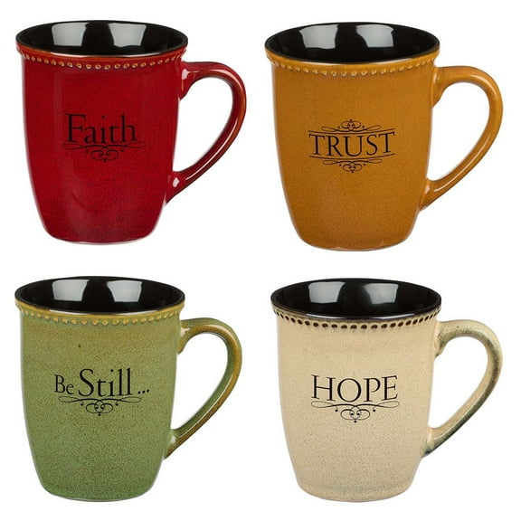 Set of Four Rustic Stoneware Coffee/Tea Mugs w/Bible Verses Sage Green, Ivory, Paprika Red, Pumpkin Orange  Inspirational Coffee/Tea Cup for Men and Women