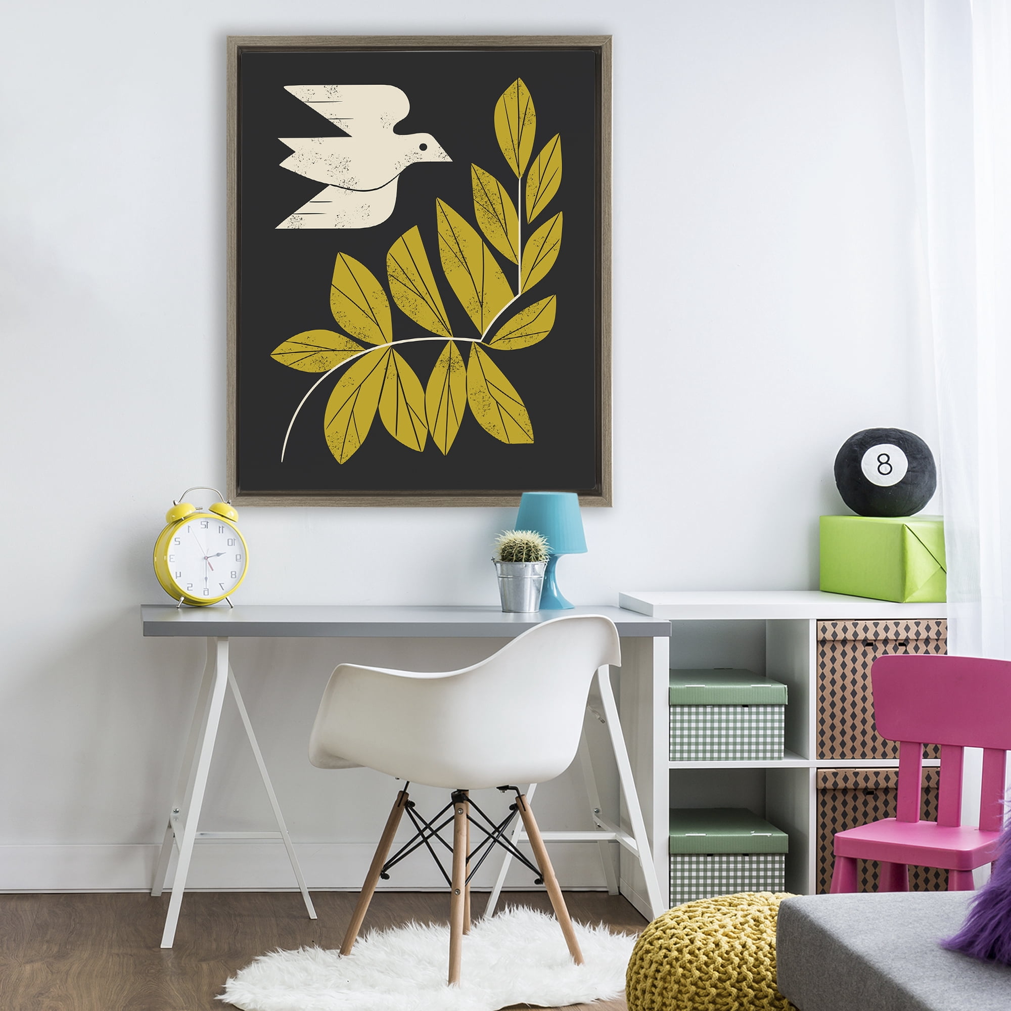 Stupell Industries Midcentury Dove & Branch Brown Framed Floater Canvas Wall Art, design by Renea L. Thull