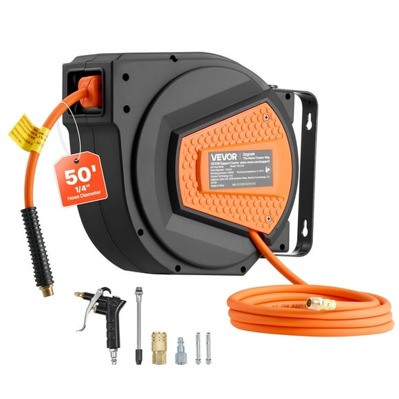 VEVOR Retractable Air Hose Reel, 1/4 Inch x 50 FT Hybrid Air Hose Max 300PSI, Enclosed Air-Compressor Hoses Reel Auto Rewind