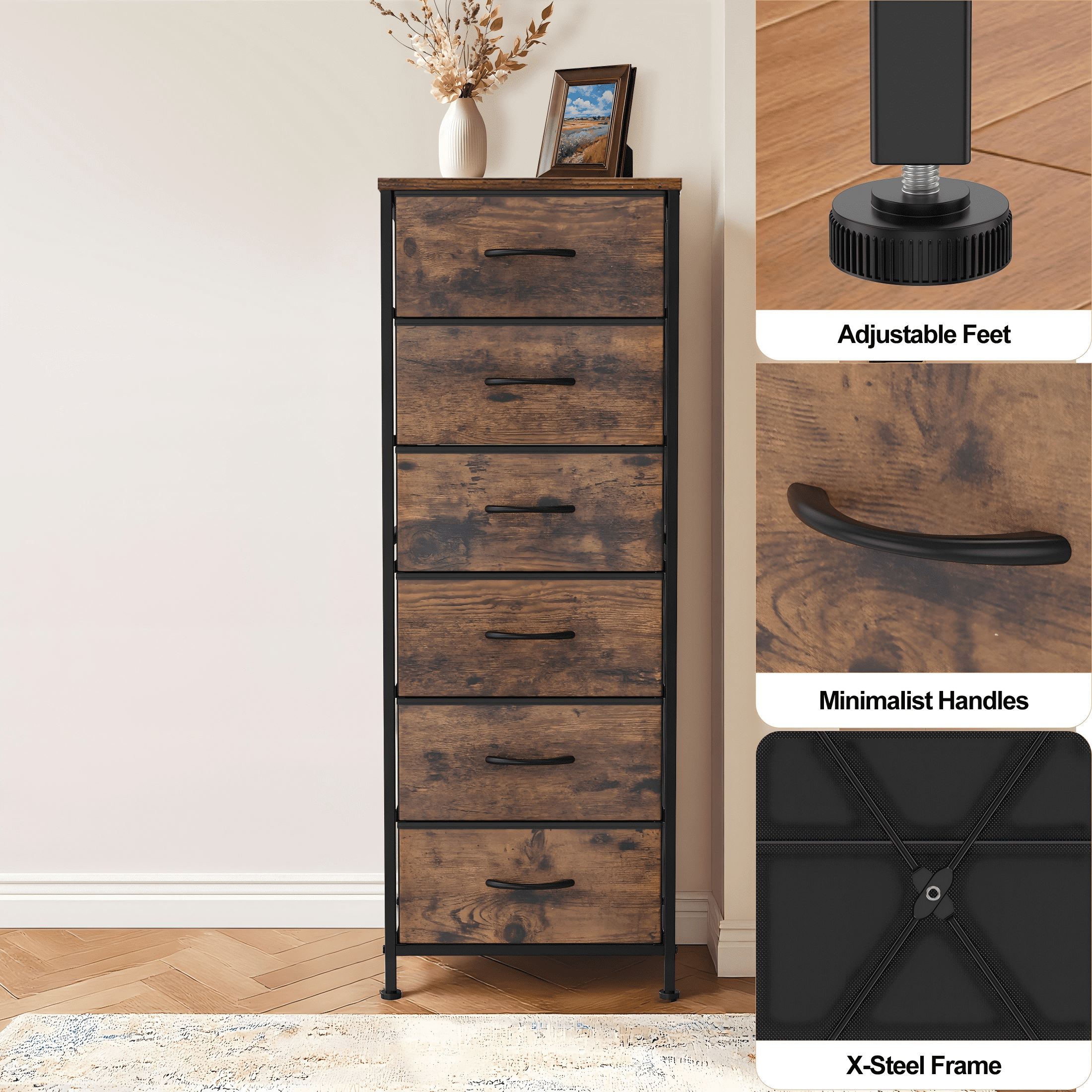 EZKAMFORT 6-Fabric Drawer Dresser for Bedroom Tall, Closet Drawers Dresser for Bedroom, Versatile for Bedroom & Living Room, Rustic Brown