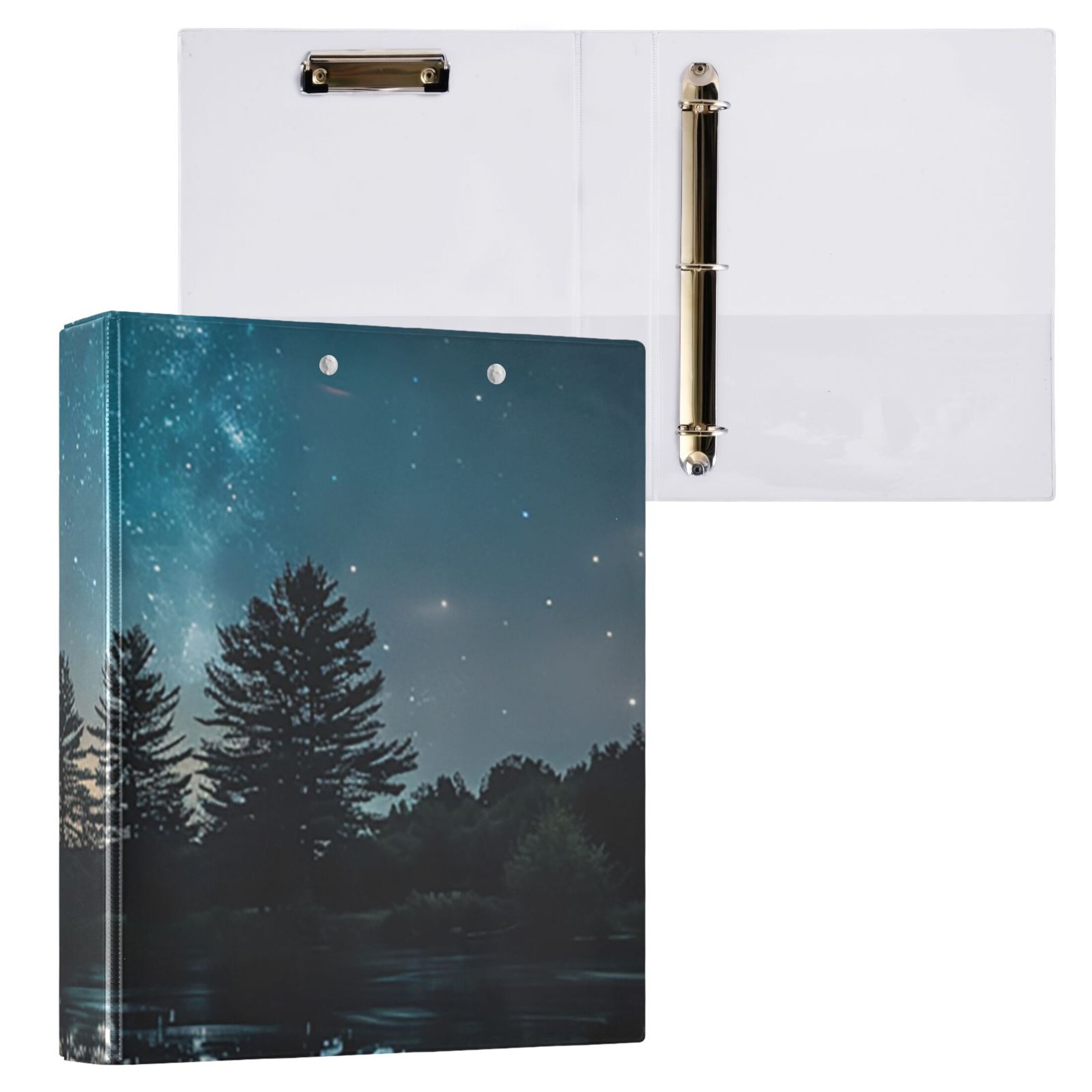 Strarry Sky Lake 3 Ring Binders 1.5 inch Hardcover File Folders with Interior Pockets A4 Size Organizer for School Office Hospital