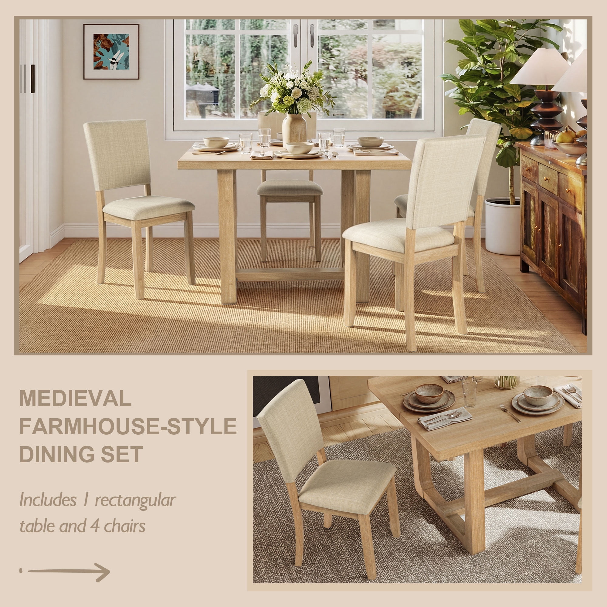 Aukfa Farmhouse 5-Piece Wood Upholstered Dining Set, Light Oak