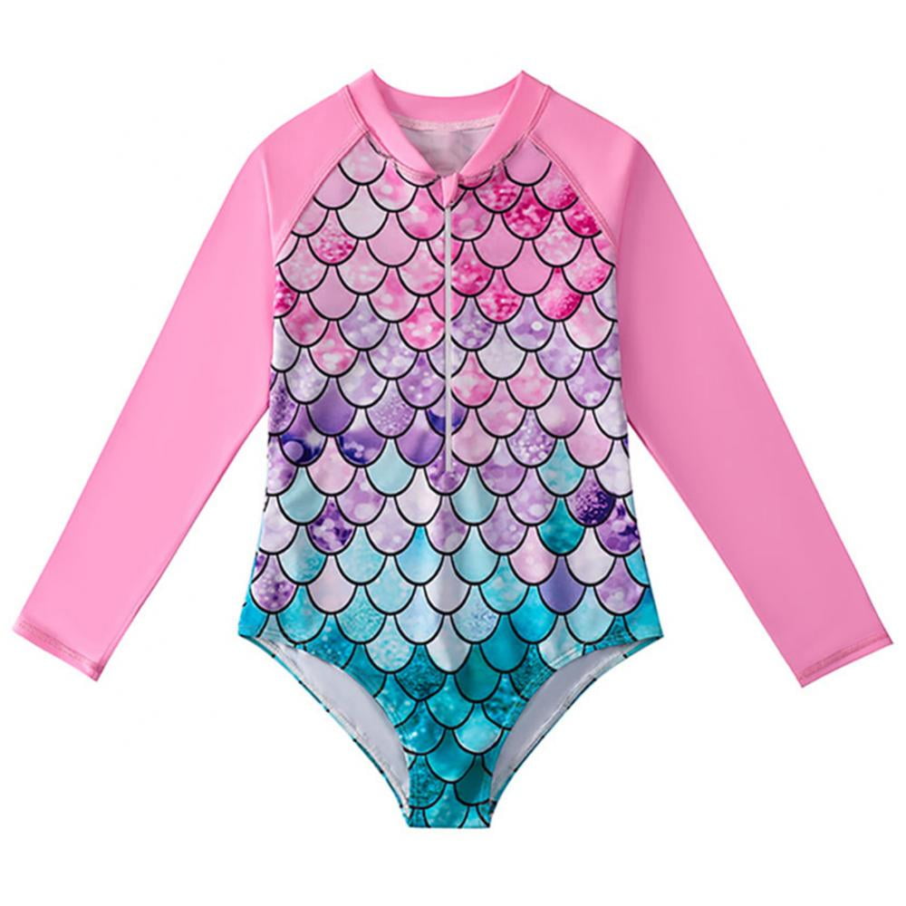 Toddler Girl 1-Piece Long Sleeves Bikini Swimwear Floral Kid Rash Guard Swimsuit