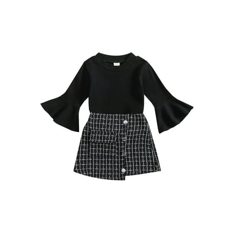 

Qtinghua Toddler Baby Girls Spring Clothes Ribbed Flare Long Sleeve Tops + Plaids Print Button Skirt Set Black 3-4 Years