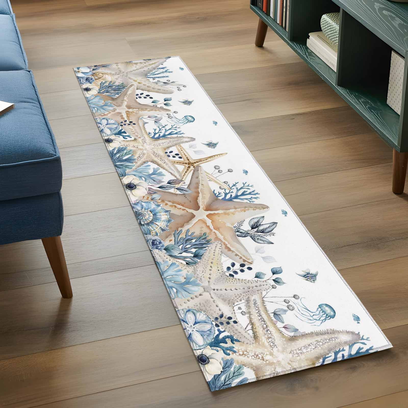 2'x6' Rug Runners for Hallways Kitchen, Blue Beige Coastal Non Slip Entryway Beside Floor Carpet Runner, Beach Starfish Summer Eucalyptus Washable Laundry Room Bedroom Throw Rugs Mat for Family Pet