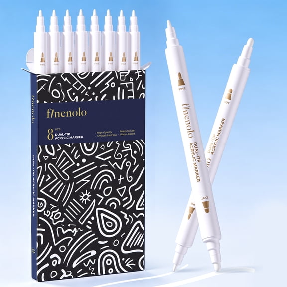 Finenolo 8 White Dual-Tip Acrylic Paint Markers, Dot Tip & Fine Tip Acrylic Paint Pens for Fabric, Rock, Glass, Wood, Coloring Books