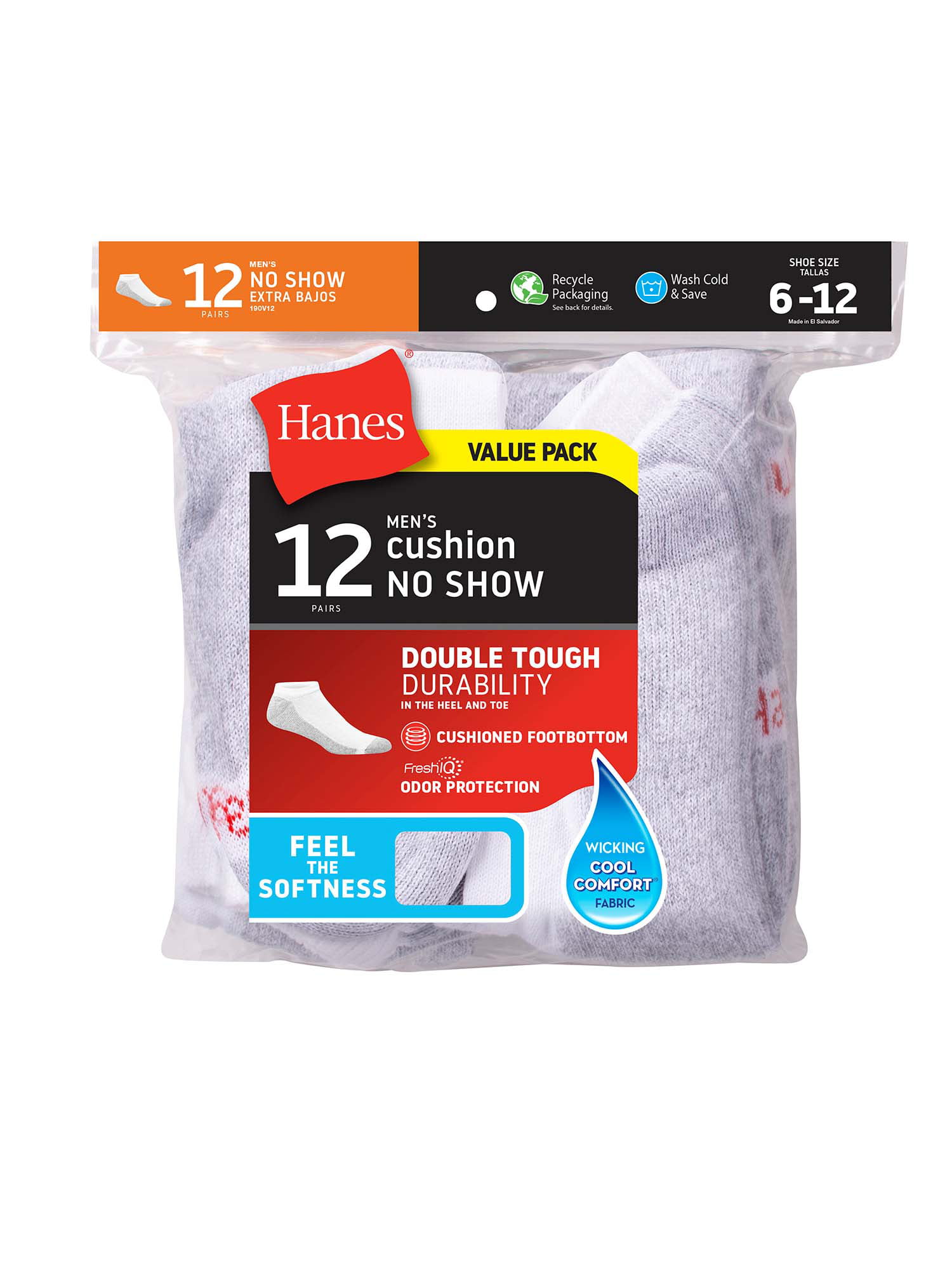 Hanes Mens 12-Pack FreshIQ Odor Protection with Cushioned Foot Bottom Ankle Socks 