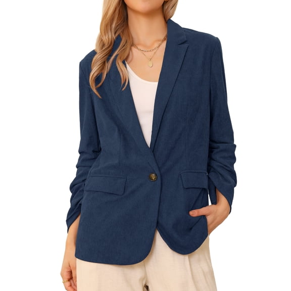 DARING DIVA Women's Corduroy Ruched Sleeve Lapel Pockets Blazer Jacket XS Navy Blue