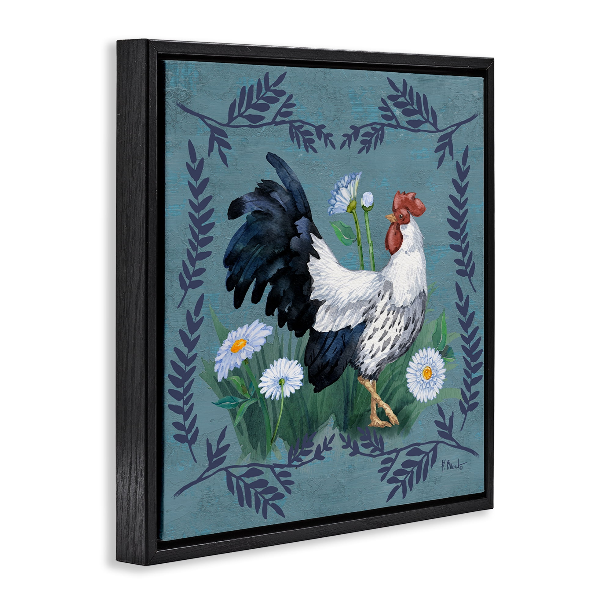 Stupell Industries Ferns & Rooster Animals & Insects Painting Black Floater Framed Canvas Art Print Wall Art, 18 x 18