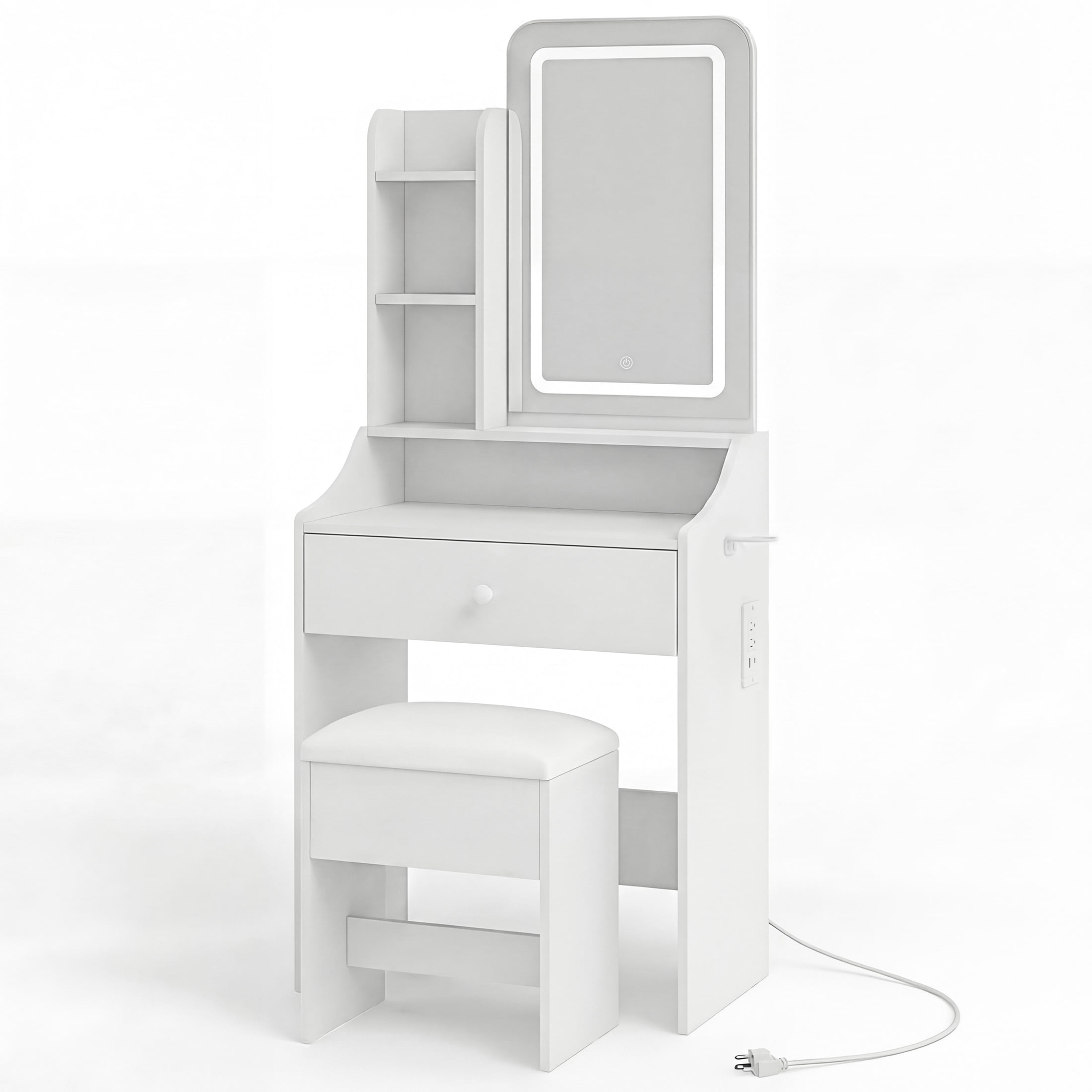 EDX 24" Makeup Vanity Table and Chair Set,  Modern Vanity Desk with Mirror,  Power Outlets&3 Lighting Modes,  White