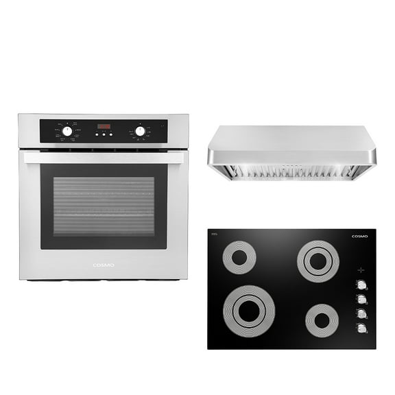 Cosmo 3 Piece Kitchen Appliance Package With 30" Electric Cooktop 30" Under Cabinet Range Hood 24" Single Electric Wall Oven Kitchen Appliance Bundles