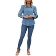 thumbnail image 2 of Camisas de mezclilla para mujer con frente plisado, mangas largas abullonadas, livianas y con botones, talla 2XL, color azul, 2 of 6